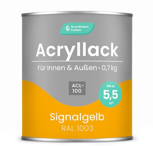Grundmann Acryllack ACL 100 - Gelb 0,7 Kg - 4in1 Lack inkl. Grundierung - Innen und Außen - Für Holz, Metall, Stein & Kunststoff - Signalgelb RAL 1003