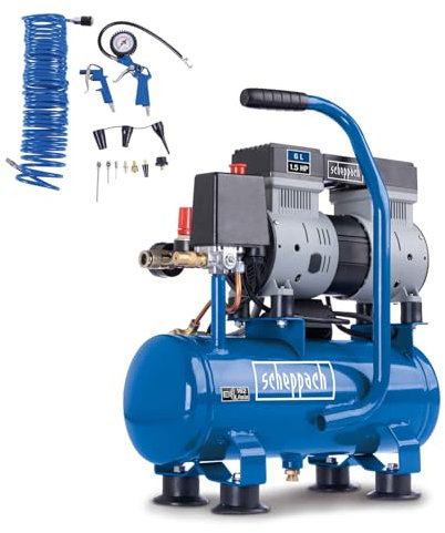 Scheppach HC08Si Compresseur ultra silencieux | 8bar | Cuve de 6L | 1,5CV / 1100W | Sans huile & entretien réduit | Débit d'aspiration 162 L/min | Compresseur silencieux (Avec 14 Accessoires inclus)