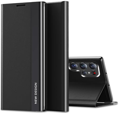Coque Samsung Galaxy S23 Ultra - Étui à Rabat Luxueux Placage Effet View Flip Folio PC+PU Housse 360° Protecteur Antichoc Anti-Rayure (Noir)