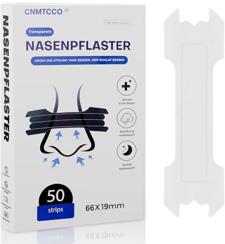 CNMTCCO Nasenpflaster, Extra Starker Schnarchen Nasenpflaster Besser-Atmen, Lindern Eine Verstopfte Nase Aufgrund Schnupfen ＆ Allergien Schlaf Verbessern (Transparent 50 Stück, 66 * 19mm)