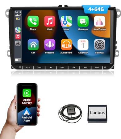 ESSGOO 4+64G Car Stereo with Wireless Carplay and Android Auto for VW Golf 5 6 Polo Passat Touran Skoda Seat, 2 Din 9 Inch Bluetooth Radio with Touchscreen FM GPS SWC WiFi