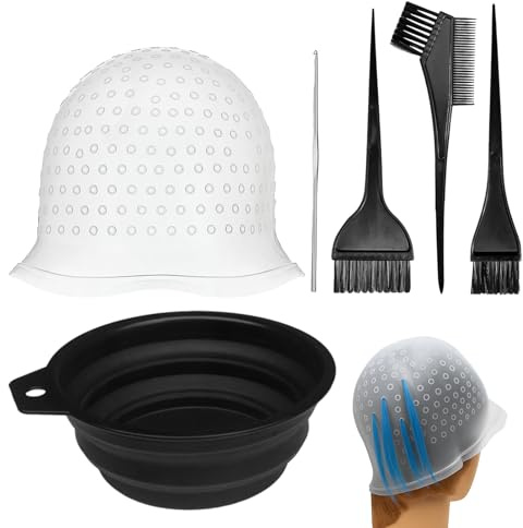 Girihe 6 PCS Silicone Highlighting Cap and Hook Kit with 3 Brushes, Coloring Hook Needle Dye Bowl, Reusable Hair Highlighting Kit for Color Hair Hairdressing Dyeing Staining Tools for Women Men
