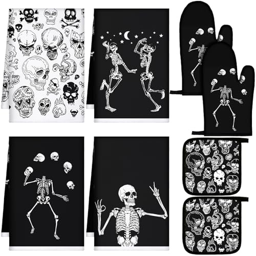 Leinuosen 8 Pcs Skull Kitchen Decor Set Kitchen Towels Gothic Oven Mitts and Pot Holders Skeleton Hand Dish Towels Horror Oven Mitts for Home Decoration Party Gifts (Black and White,Skeleton)