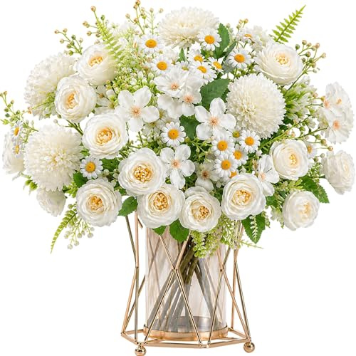 HNVNER White Artificial Flower 2 Bouquet, Realistic Faux Peonies Daisies | Elegant peony chrysanthemum dais bouquet, ready for any vase, ideal for weddings, Mother's Day & housewarming, no care needed