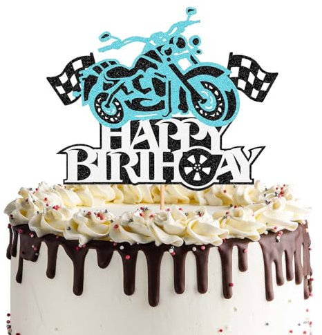 Motorcycle Happy Birthday Cake Topper, Motorcycle Racing Theme Cake Decoration with Checkered Flags, Retro Motorcycle Theme Decor for Biker & Racing Lover Birthday Party Supplies