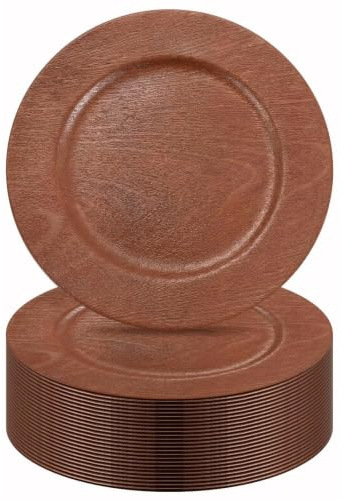 Mifoci 12 Pcs Faux Wooden Charger Plates 13 Inch Round Rustic Plastic Plates Antique Design Bulk Decorative Chargers for Dinner Tray for Wedding Dinner Table Farmhouse Party Event (Brown)