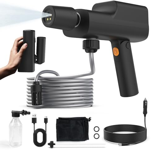 ABLEMARK Idropulitrice pieghevole senza fili con batteria e caricabatterie da auto, pistola idropulitrice portatile da 249 PSI con tubo flessibile da 5 m e ugello 5 in 1, pulitore ad alta pressione