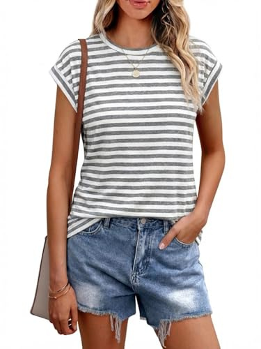 Cuptacc Camiseta de verano para mujer, cuello redondo, elegante, básica, manga corta, sin mangas, atuendo de negocios, Rayas grises, L