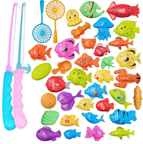 Magnetic Fishing Pool Toys Game for Kids, Fishing Water Table Bathtub Toy with Inflatable Pool Pole Rod Net Plastic Floating Fish, Water Bath Pool Outdoor Toys