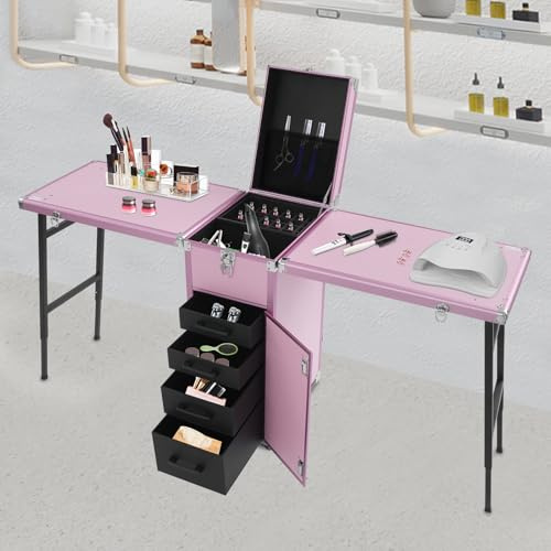 HINOPY Manikyrbord nagelbord, manikyrbord av aluminiumlegering, vikbart mobilt kosmetiskt fodral med 4 lådor, bärbart nagelbord för nagelstudio mobila insatser, upp till 100 kg (rosa)