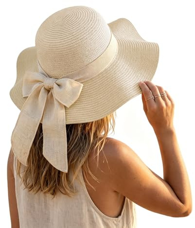 KXF Frauen Strand Sonne Stroh Hut Floppy UPF 50+ Reise Faltbare breite Rand Sommer UV Sonnenmütze Packbar Stroh Strandhut für Damen