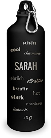 printplanet Trinkflasche mit Namen Sarah - graviert mit Positive Eigenschaften, Aluminiumflasche mit Gravur, Sportflasche - Farbe weiß/schwarz