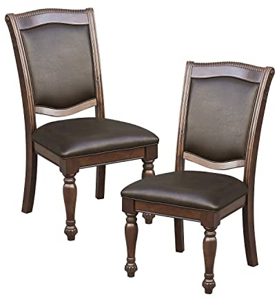 Lordsburg Dining Room Chairs Set of 2, Classic Traditional Dining Chairs For Kitchen, Solid Wood Frame, Solid Back, Armless Side, Cherry Finish, Dark Brown Faux Leather Upholstery, Easy Assembly