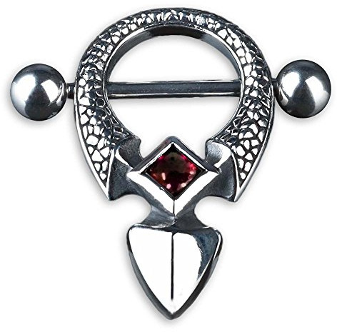 viva-adorno KoolKatana Brustpiercing Nippel Schild Barbell mit Anhänger mit rotem Stein Chirurgenstahl 316 L teilweise geschwärzt Z163.D3