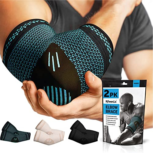POWERLIX armbågsbandage 2 st., kompression armbågsbandage för dam och herr, armbågsbandage för tennisarmar, golfare, sport, artrit, seninflammation, ledvärk, Blå Beige S