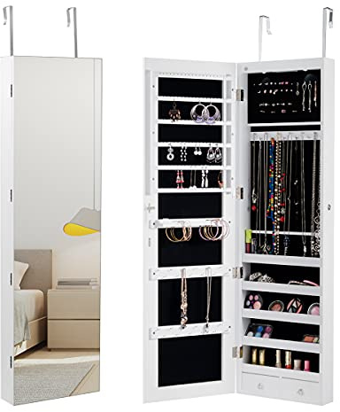 COSTWAY Schmuckschrank mit LED Beleuchtung, Schmuckregal hängend, Spiegelschrank mit Spiegel, abschließbar mit Schlüsseln, Schmuckaufbewahrung für Schmuck & Kosmetika, 120 cm hoch (Weiß)