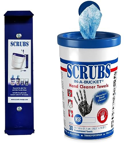 Scrubs Lot de 30 lingettes nettoyantes Scrubs-in-a--Bucket avec support mural assorti