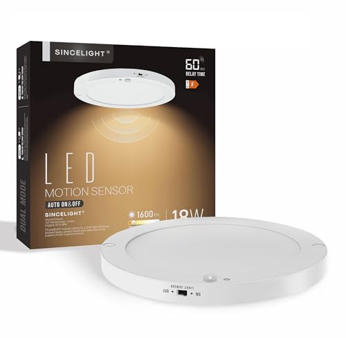 SINCELIGHT Détecteur de Mouvement PIR Plafonnier LED 18W, Marche/Arrêt Automatique, Activé par le Mouvement, Double Mode Réglable, Blanc Chaud 2700K, Montage en Surface pour Couloir/Véranda, Lot de 1