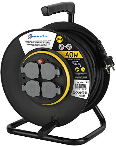 Electraline 49044, Kabeltrommel Professionel und fester Platte, H07 RN-F 3G1.5 40 m Kabel - IP44 Outdoor/Kabelrolle mit 4 Schuko-Steckdosen