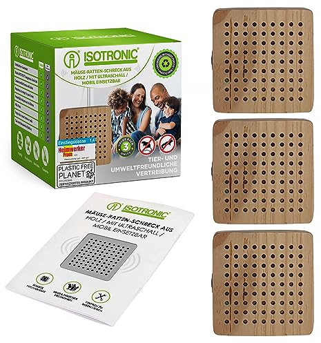 ISOTRONIC Mäuseabwehr im Holzgehäuse | Rattenabwehr mit Ultraschall | Schädlingsvertreiber elektronisch für Haus, Keller, Garten | Mäuse Ratten vertreiben ohne Chemie/Mausefalle - 3 Stück