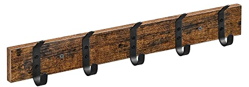 ACAZA Garderobenleiste aus Holz mit 5 Haken, rustikale Wandgarderobe, kompakt, Industriestil, Vintage, Braun/Schwarz
