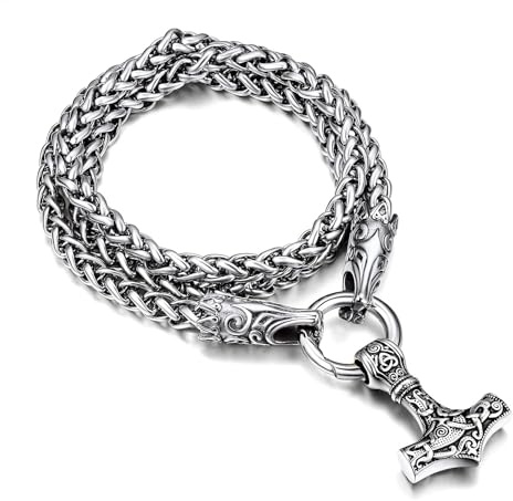 FaithHeart Men Punk Norse Viking Necklace Chunky Necklace, Stainless Steel Mjolnir/Celtic Knot Wolf Head Chain Pendant Amulet Jewelry Gift Packaging