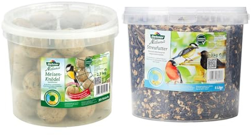 Dehner Natura Wildvogelfutter, Meisenknödel ohne Netz, 30 Stück (3 kg) & Natura Wildvogelfutter, Streufutter im Eimer, 3 kg