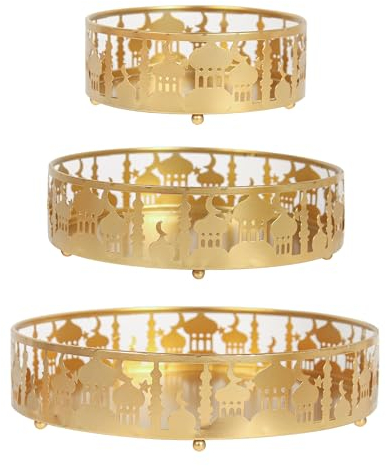 Cranight Eid Ramadan Mubarak Trays Celebration Party Decoration 3 pcs Eid Mubarak DIY Castle Trays Decorations Islamic Style Food Storage Container，Gold Moon