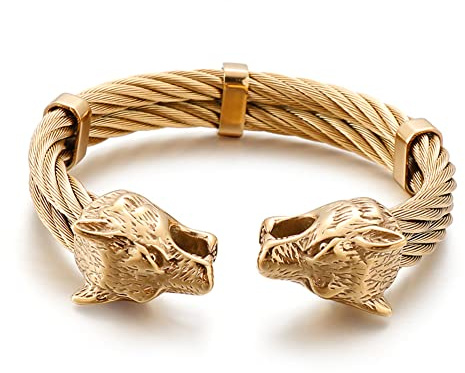 PBTMCD Herren-Armreif mit Wolfskopf, verdrehter Armring, Edelstahl, Punk Biker Gewebe, aufklappbare Handgelenkskette, Fenrir Wikinger Armband, heidnischer Amulett Schmuck