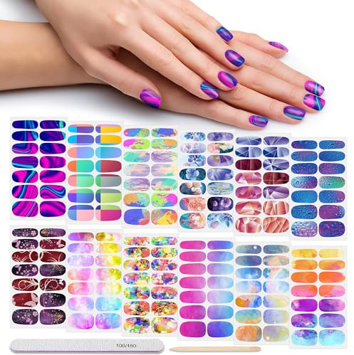 DANNEASY 12 Sheets Nail Polish Strips Self Adhesive Gel Nail Stickers Full Nail Wraps for Women Girl Graffiti Gradient Starry Sky Nails Design Gel Strips Manicure Nail Art Accessories