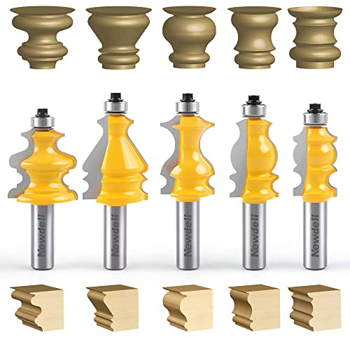 Newdeli Architectural Molding Router Bit Set 5 PCS 1/2-Inch Shank, Corner Rounding Edge-Forming Roundover Beading Router Bit Set, Woodworking Milling Cutter Tools, Carbide Cutter CNC Router