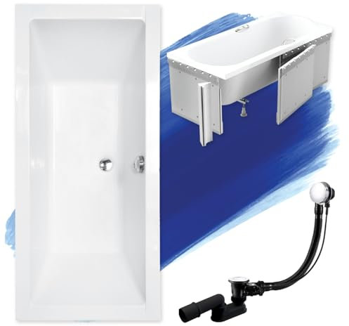 BADLAND Badewanne Original Weiß Acryl Wanne Rechteck QUADRO SLIM 190x90 KOMPLETTSET SET mit Premium Styroporverkleidung + Füßen und Exklusive Chrom Automatik Ablaufgarnitur Made in EU 4in1
