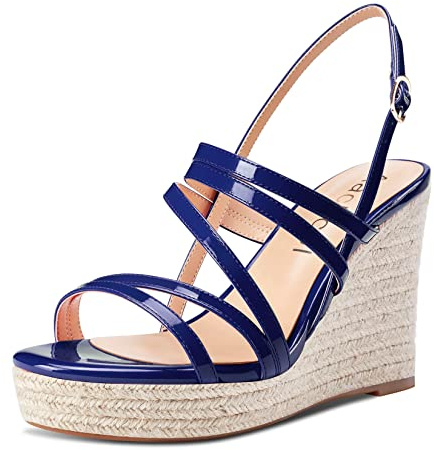 Aachcol Mujer cuña esparto Plataforma Sandalias Abierta Punta Correa Tobillo Slingback Correa posterior Alto High Heel Dress Zapatos Charol 10 CM