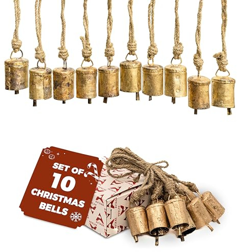 AKATVA Gold Weihnachtsschmuck Set - Vintage Weihnachtsdekoration für Baum - Gold Weihnachtsglocken - Christbaumschmuck für die Weihnachtszeit - Rustikale Glocken Hängende Ornamente - Set von 10 Stück