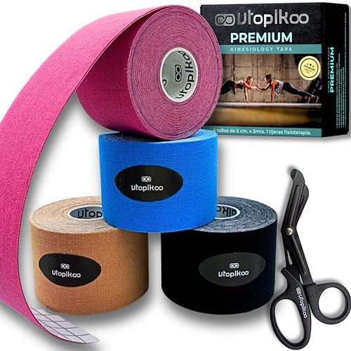 Utopikoo® Kinesiotape [4 Rollos 5 cm X 5 m + Tijeras Fisioterapia]-Cinta Kinesiologica Elastica de Colores-Kinesio+tape Vendaje Neuromuscular-Esparadrapo Deportivo-Cinta Fisioterapeuta(SURTIDO)