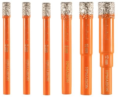 HPMAISON 6Pcs Diamond Drill Bits, Porcelain Tile Drill Bit, Round Shank Diamond Dry Drill Bits Set for Drilling Granite, Ceramic, Porcelain, Marble, Hard Tile, Stone, Glass & More (6 6 6 8 10 12mm)