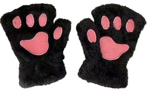 TRADERPLUS Kvinnors vintervantar kattklo, plyschhandskar halvvante i björnmönster, söta termiska handskar, svart, one size