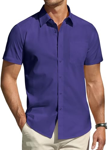 DEMEANOR Chemise à manches courtes pour homme - Chemise décontractée pour homme - Coupe droite - Chemise d'affaires pour homme - Chemise infroissable, Bleu/violet., L