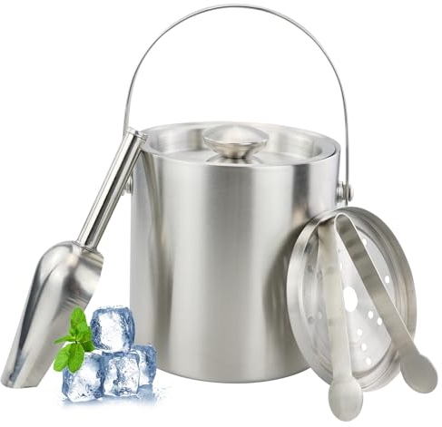 Doppelwandiger Isolierter Eiseimer 2L Eiswürfelbehälter mit Decke Edelstahl Eiskübel mit Zange Schaufel und Eisfilter Eiswürfelbehälter Edelstahl zum Kühlen von Bier Champagner Wein Getränke Obst