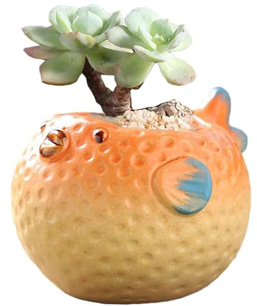 DIYOMR Maceta de cerámica de animales lindos, maceta pequeña para suculentas de peces globo de vientre grande, maceta pequeña para plantas pequeñas, flores, cactus, plantas no incluidas