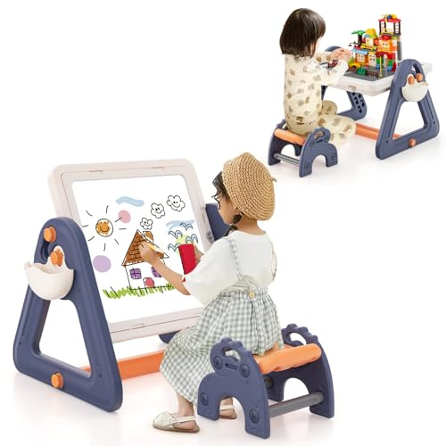 GOPLUS Mesa Infantil con Silla, Pizarra Infantil Doble Cara con 6 Marcadores, 1 Borrador, 6 en 1 Mesa de Dibujo y Actividad Plegable con 160 Bloques de Construcción, Capacidad 75KG, para Niños de 3+