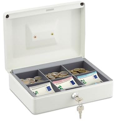 Relaxdays Geldkassette, abschließbar, Eisen, 2 Schlüssel, Kleingeld & Scheine, HxBxT: 9 x 25 x 18 cm, Kassa, weiß