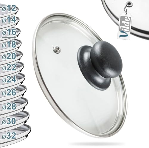 Vilde Glasdeckel mit Edelstahlring für Topf und Pfanne | Ø (16 cm) 14, 16, 18, 20, 22, 24, 26, 28, 30cm | 200°C hitzebeständiges Glas | Pfannendeckel Topfdeckel Universaldeckel