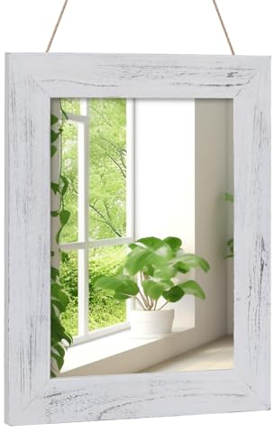Muzilife Rustikaler Wandspiegel Spiegel mit Holzrahmen 40x50cm Weiß | Rechteckiger Dekorativer Wandspiegel aus Massivholz für Schlafzimmer Bad Wohnzimmer Flur