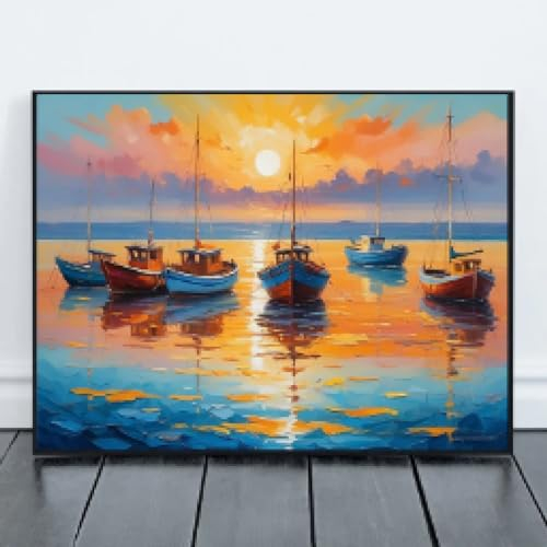 CHAOJIART Ölgemälde von Booten und Meer auf Leinwand, Sonnenuntergang über dem Ozean, moderner Impressionismus, Druck, Poster, Wandkunst, Bild, Raumdekoration, 80 x 110 cm, rahmenlos