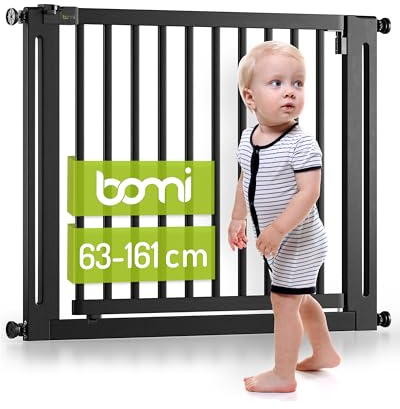 BOMI Baby Schutzgitter Treppe Miko PEFC geprüftes Buchenholz | Ohne Bohren | Gittertür aus Holz schwarz | Stabile Baby Schutzgitter Tür für Kindersicherheit | Treppen Türgitter | Breite: 87-95 cm