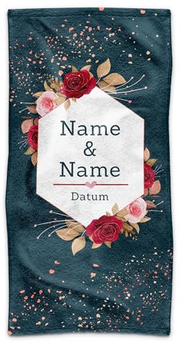 PR Print Royal Handtuch Personalisieren - mit Name und Datum - Rosen-Motiv - Handtuch Bedrucken, Geschenk zur Hochzeit, Jahrestag, Valentinstag | Persönliches Fotohandtuch - 100 x 50 cm
