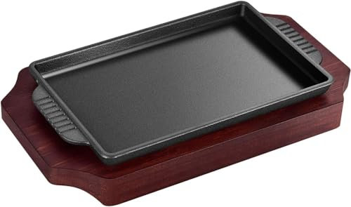 Plato rectangular de hierro fundido para carne, plancha chisporroteante con Base de madera, sartén para carne, plato para servidor, restaurante o uso doméstico