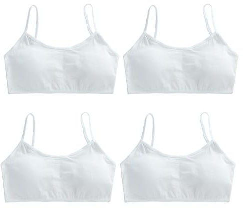 FUIPVGI 4 Pack Sports Bra for Girls, Soft Cotton Girls Sports Bra Vest Training Bras Underwear with Removable Pads, Crop Top Bra for Girls 9-14 Years (White)