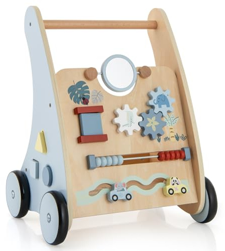 COSTWAY Baby gåstol trä, 2-i-1-gåstol med multiaktivitetscentrum, motorfärdigheter, baby walker, löpvagn för flickor och pojkar från 1 år
